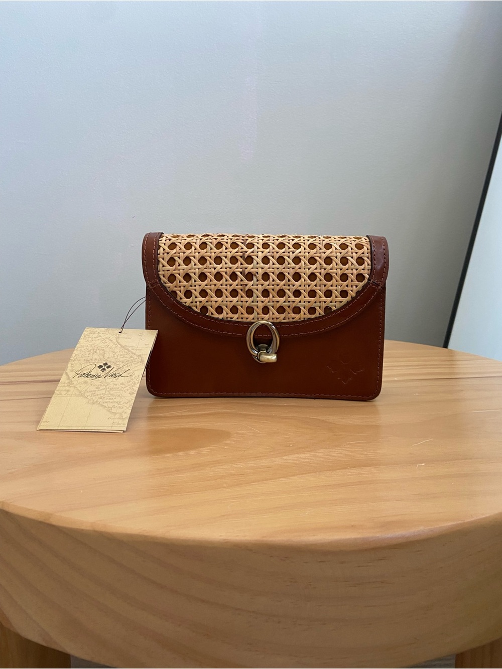 Patricia Nash Brown Leather Clutch with Natural Woven Flap and Ring Clasp